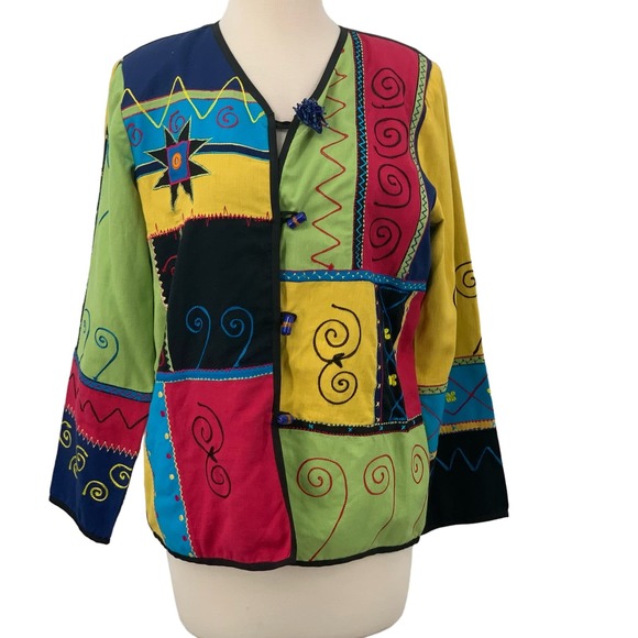 Julia Kim Long Sleeve Color Block Lined Open Front Jacket  Floral Geometric Sz S - Picture 1 of 5